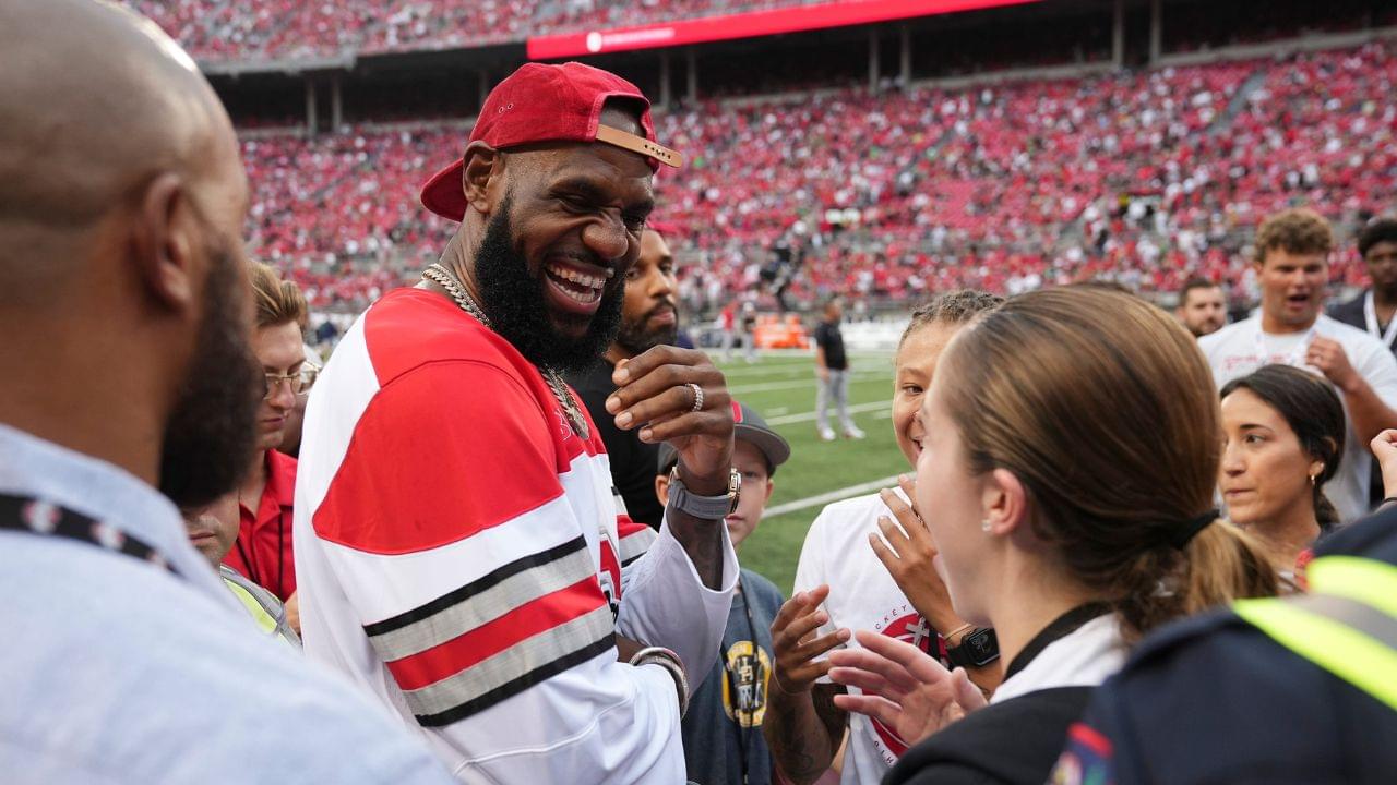 LeBron James talks to fans prior to the NCAA football game between the Ohio State Buckeyes and Notre Dame Fighting Irish at Ohio Stadium.