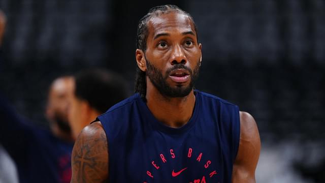 Apr 29, 2025; Denver, Colorado, USA; LA Clippers forward Kawhi Leonard (2) warms up before game five of the first round for the 2025 NBA Playoffs against the Denver Nuggets at Ball Arena.
