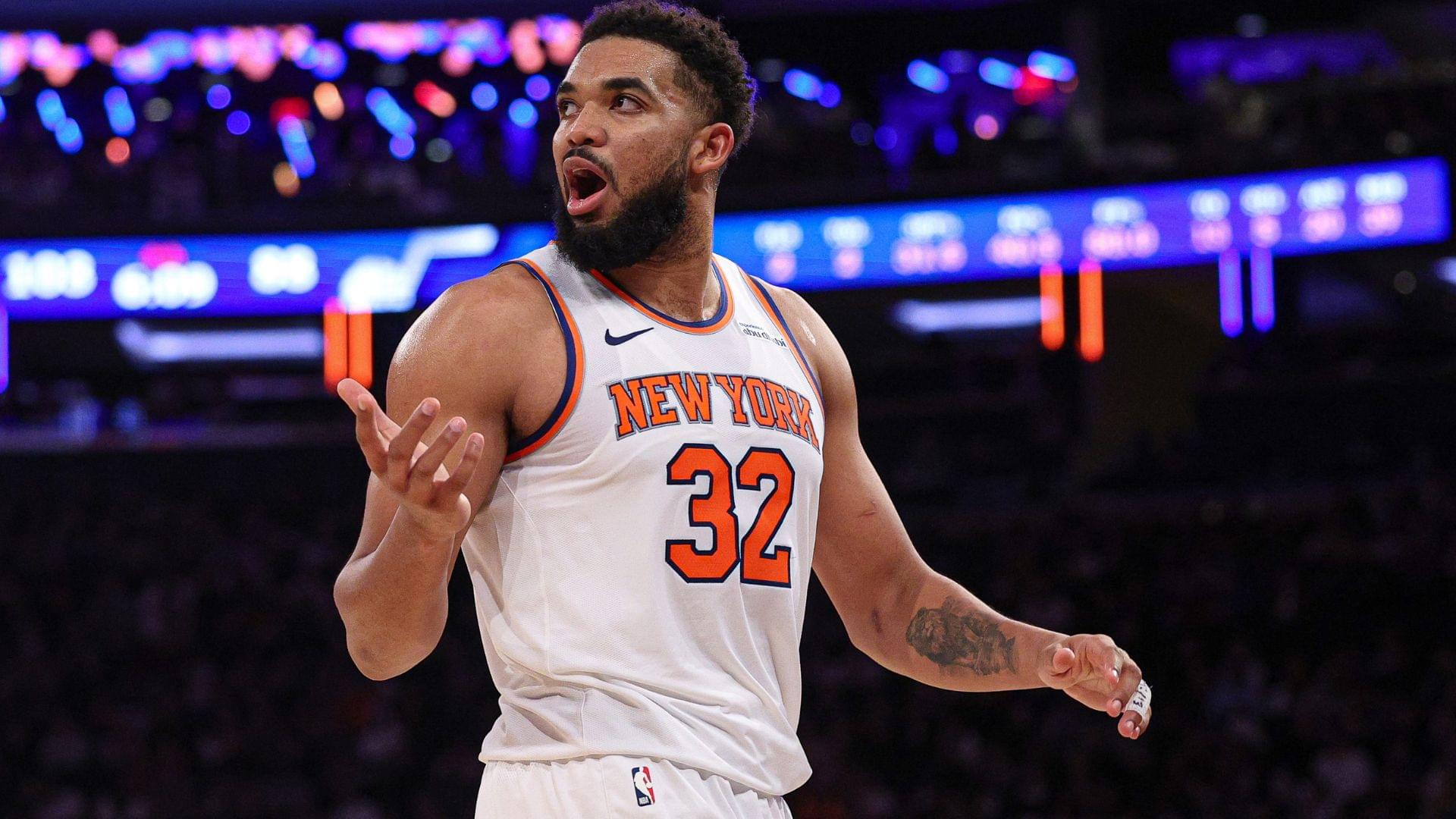 Jan 1, 2025; New York, New York, USA; New York Knicks center Karl-Anthony Towns (32) reacts during the second half against the Utah Jazz at Madison Square Garden.
