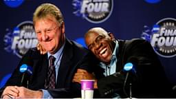 Michigan State Spartans and NBA former player Magic Johnson (right) hugs NBA former player Larry Bird (left) during a press conference before the championship game of the Final Four in the 2009 NCAA mens basketball tournament against the North Carolina Tar Heels at Ford Field.