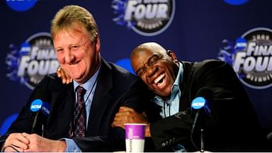 Michigan State Spartans and NBA former player Magic Johnson (right) hugs NBA former player Larry Bird (left) during a press conference before the championship game of the Final Four in the 2009 NCAA mens basketball tournament against the North Carolina Tar Heels at Ford Field.