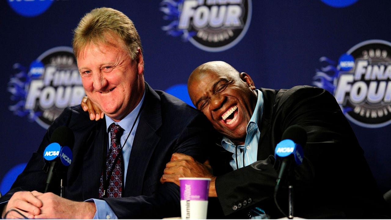 Michigan State Spartans and NBA former player Magic Johnson (right) hugs NBA former player Larry Bird (left) during a press conference before the championship game of the Final Four in the 2009 NCAA mens basketball tournament against the North Carolina Tar Heels at Ford Field.