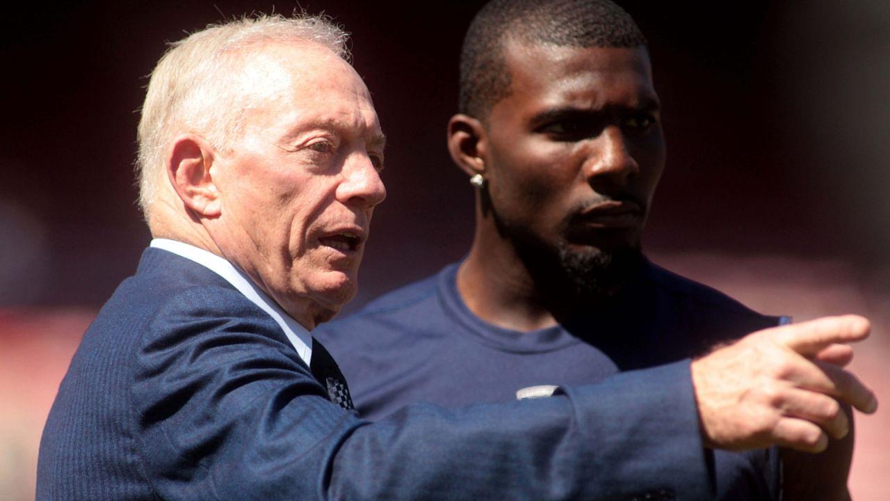 Dallas Cowboys owner Jerry Jones talks with wide receiver Dez Bryant before the start of the game against the San Francisco 49ers at Candlestick Park.