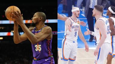 Kevin Durant (L), Alex Caruso and Isaiah Hartenstein (R)