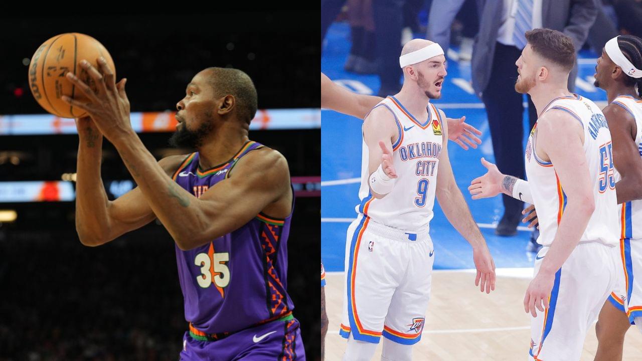 Kevin Durant (L), Alex Caruso and Isaiah Hartenstein (R)