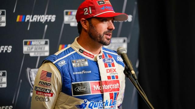 Josh Berry answers questions from the media during NASCAR Cup Series Playoff Media Day at Charlotte Convention Center.