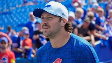 Buffalo Bills quarterback Josh Allen (17) walks out onto the field prior to the game against the New York Giants at Highmark Stadium.
