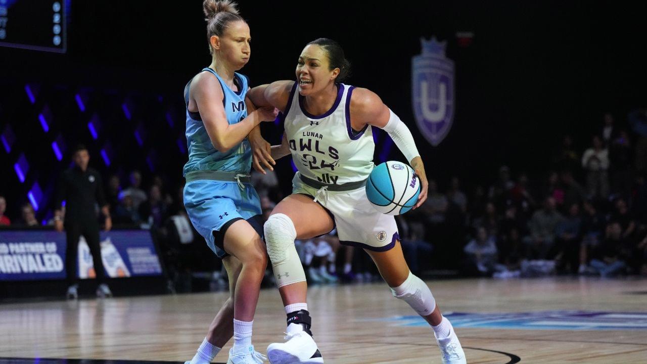 Napheesa Collier (24) of the Lunar Owls drives toward the basket as Courtney Vandersloot (25) of the Mist defends during the first half of the Unrivaled women’s professional 3v3 basketball league at Wayfair Arena