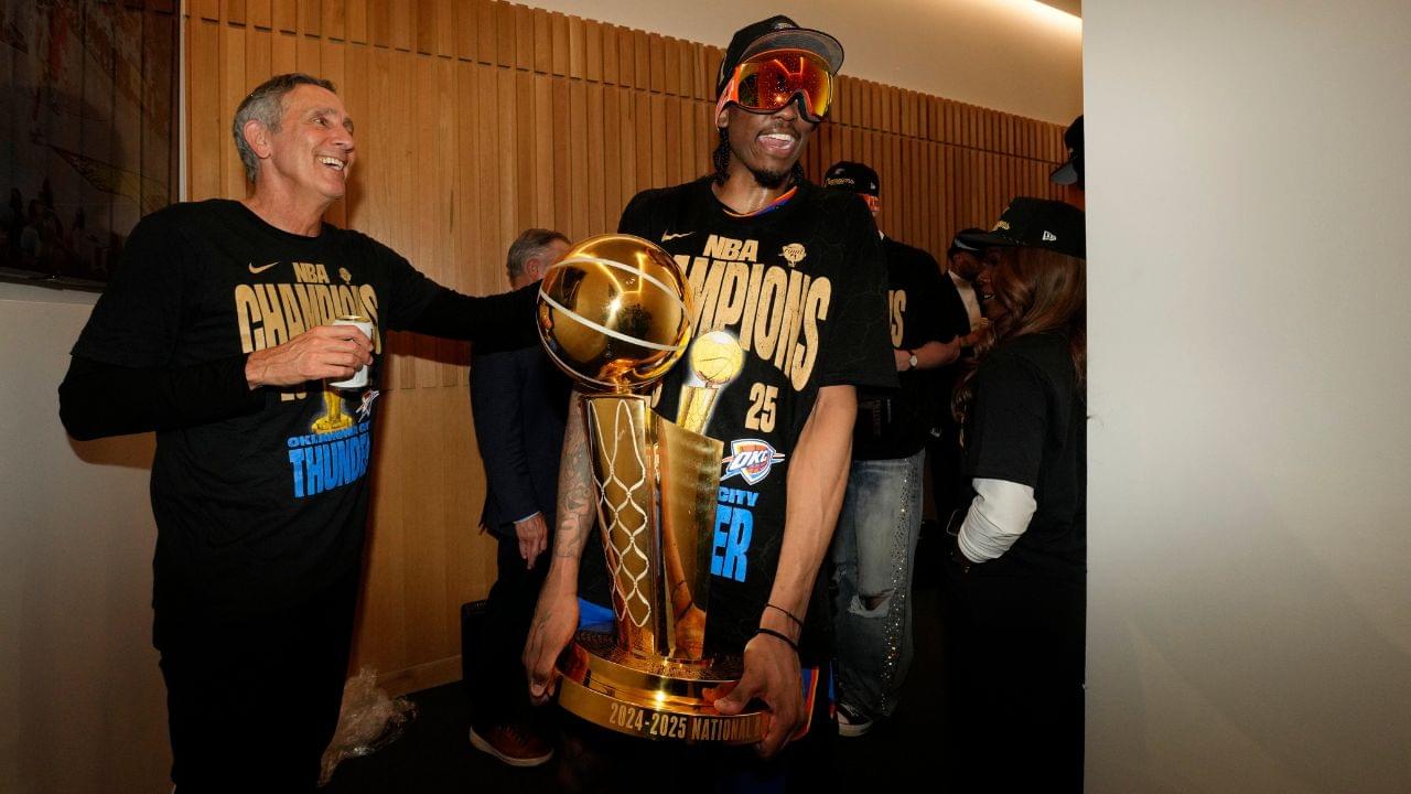 Oklahoma City Thunder forward Jalen Williams (8) celebrates after winning game seven of the 2025 NBA Finals against the Indiana Pacers at Paycom Center.