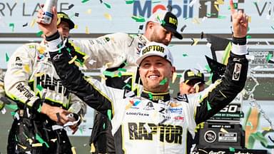 William Byron (24) celebrates after the NASCAR Cup Series Iowa Corn 350 on Aug. 3, 2025, at Iowa Speedway in Newton, Iowa. Byron (24) finished the race first.