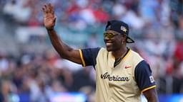 NFL Hall of Fame wide receiver Terrell Owens of the American League shows emotion during the 2025 All Star Celebrity Softball Game at Truist Park.