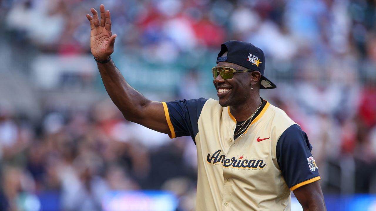NFL Hall of Fame wide receiver Terrell Owens of the American League shows emotion during the 2025 All Star Celebrity Softball Game at Truist Park.