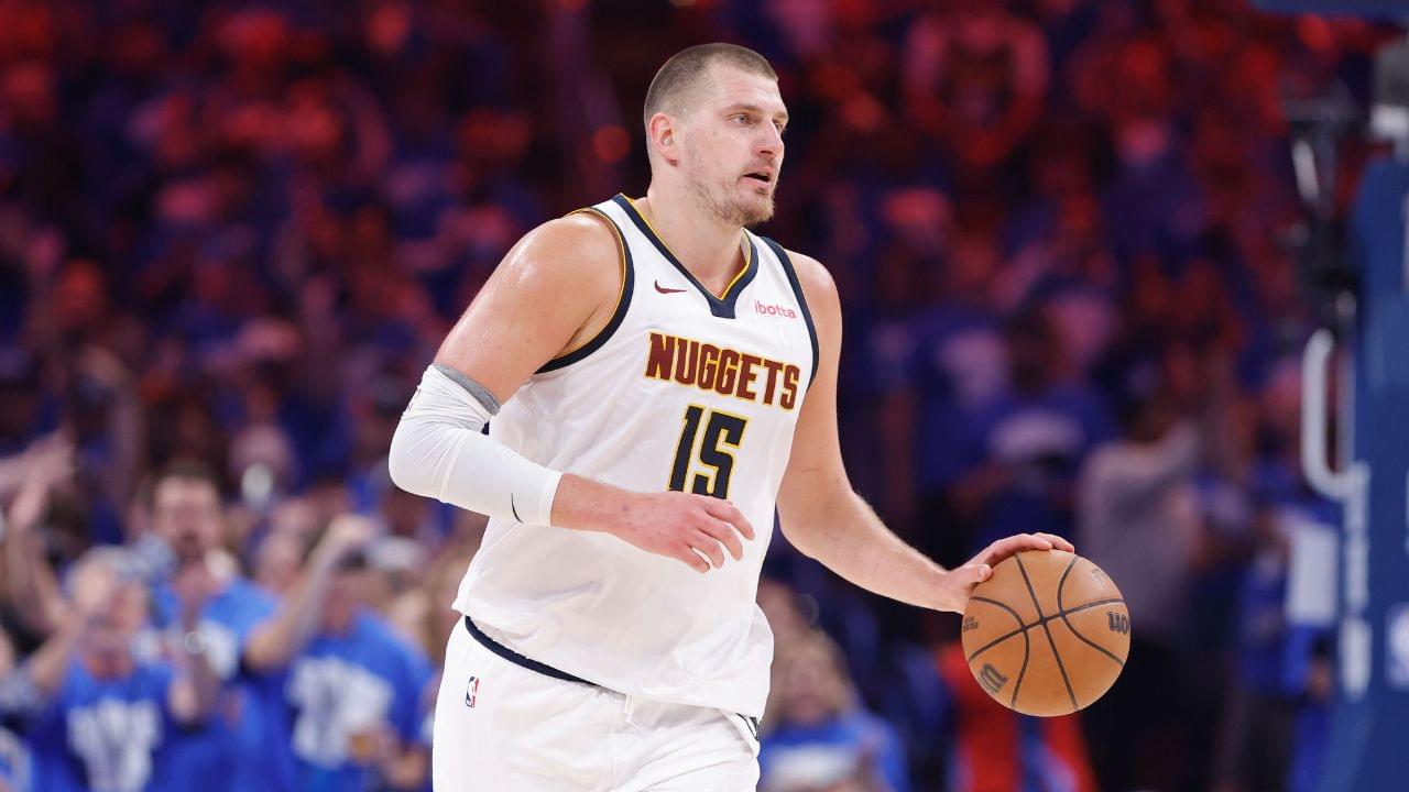 Denver Nuggets center Nikola Jokic (15) dribbles down the court against the Oklahoma City Thunder in the second quarter during game seven of the second round for the 2025 NBA Playoffs at Paycom Center.