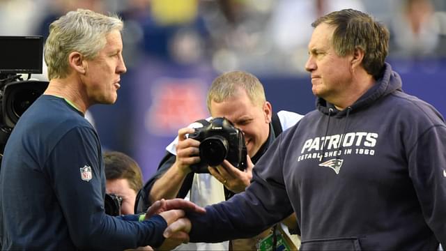 Seattle Seahawks head coach Pete Carroll on the left talks with New England Patriots head coach Bill Belichick before Super Bowl XLIX at University of Phoenix Stadium.