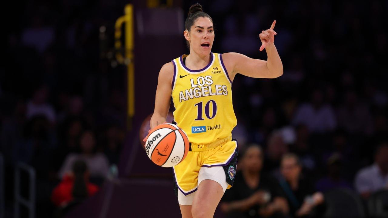Los Angeles Sparks guard Kelsey Plum (10) dribbles the ball during the first quarter against the New York Liberty at Crypto.com Arena.