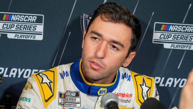 Chase Elliott answers questions from the media during NASCAR Cup Series Playoff Media Day at Charlotte Convention Center.