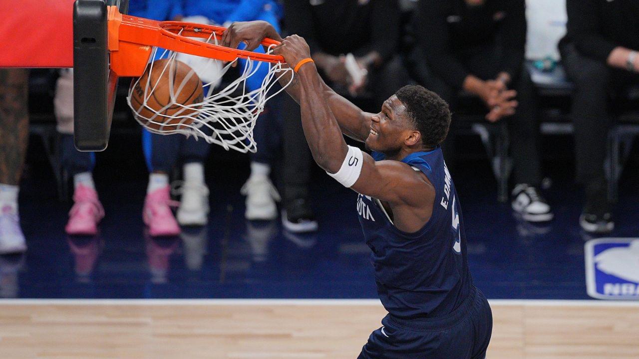 Minnesota Timberwolves guard Anthony Edwards (5) dunks the ball against the Oklahoma City Thunder during the first half in game three of the western conference finals for the 2025 NBA Playoffs at Target Center.