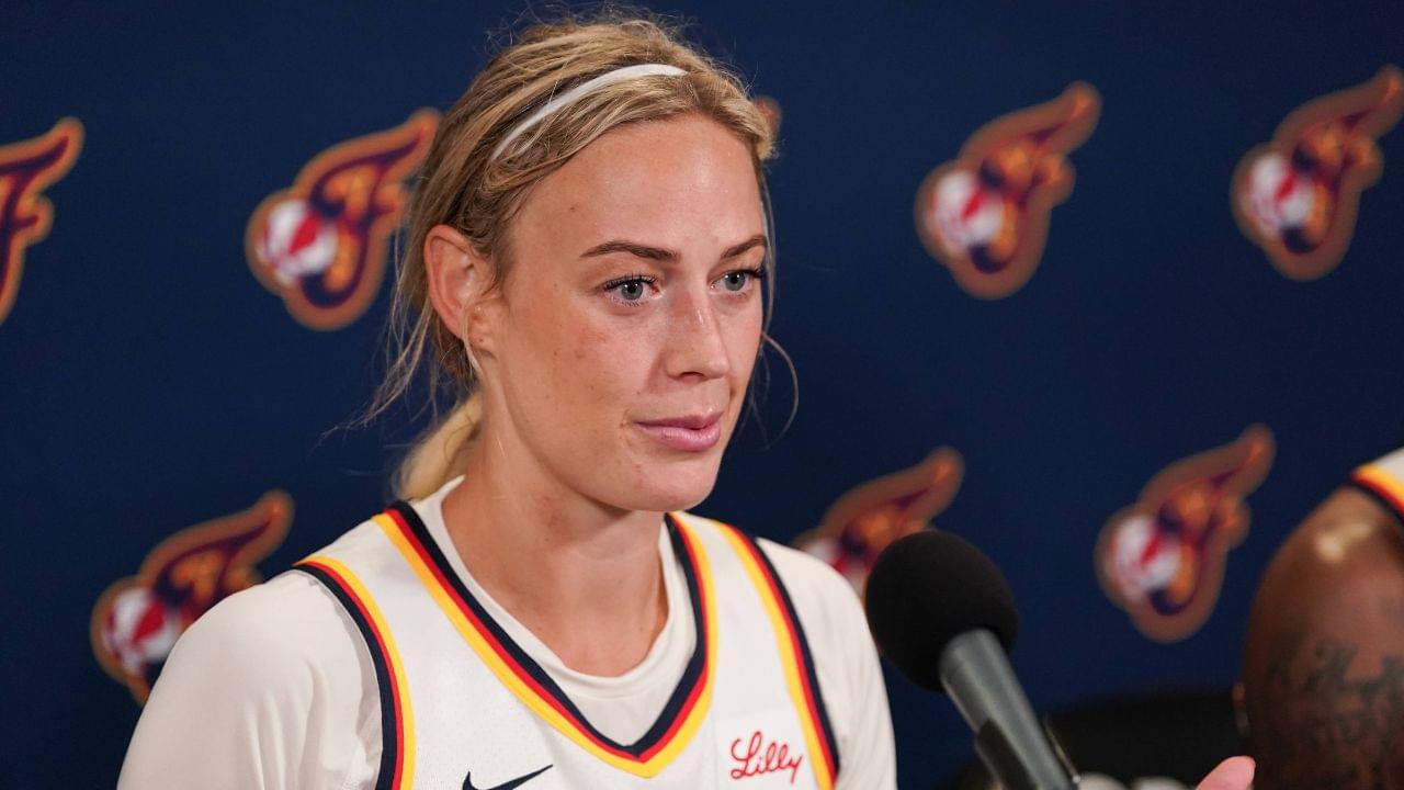 Indiana Fever guard Sophie Cunningham (8) during the postgame press conference