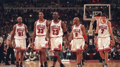 April 24, 1998 - Chicago, IL, USA - From left, Dennis Rodman, Scottie Pippen, Michael Jordan, Ron Harper and Toni Kukoc