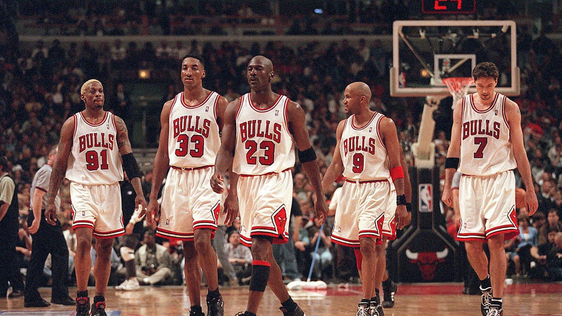 April 24, 1998 - Chicago, IL, USA - From left, Dennis Rodman, Scottie Pippen, Michael Jordan, Ron Harper and Toni Kukoc