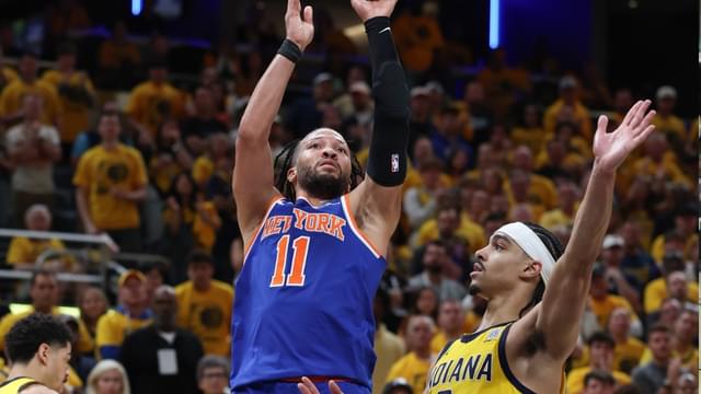 New York Knicks guard Jalen Brunson (11) shoots the ball against Indiana Pacers guard Andrew Nembhard (2) in the third quarter during game six of the eastern conference finals for the 2025 NBA Playoffs at Gainbridge Fieldhouse.