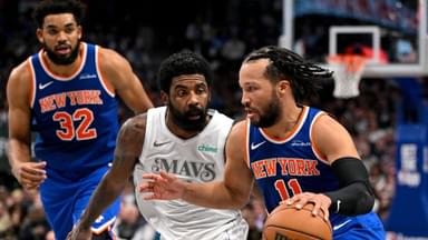 Karl-Anthony Towns, Kyrie Irving, Jalen Brunson, Knicks v Mavs