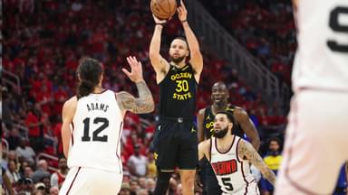 Golden State Warriors guard Stephen Curry (30) shoots the ball during the second quarter of game seven of the first round for the 2025 NBA Playoffs against the Houston Rockets at Toyota Center.