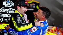 NASCAR Cup Series driver Ryan Blaney (12) celebrates in Victory lane with NASCAR Cup Series driver Bubba Wallace (23) after winning the All-Star Race at Texas Motor Speedway.