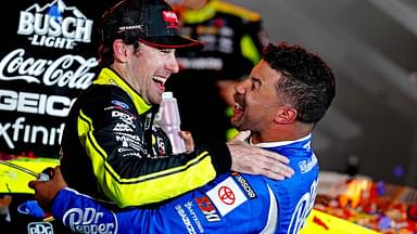 NASCAR Cup Series driver Ryan Blaney (12) celebrates in Victory lane with NASCAR Cup Series driver Bubba Wallace (23) after winning the All-Star Race at Texas Motor Speedway.
