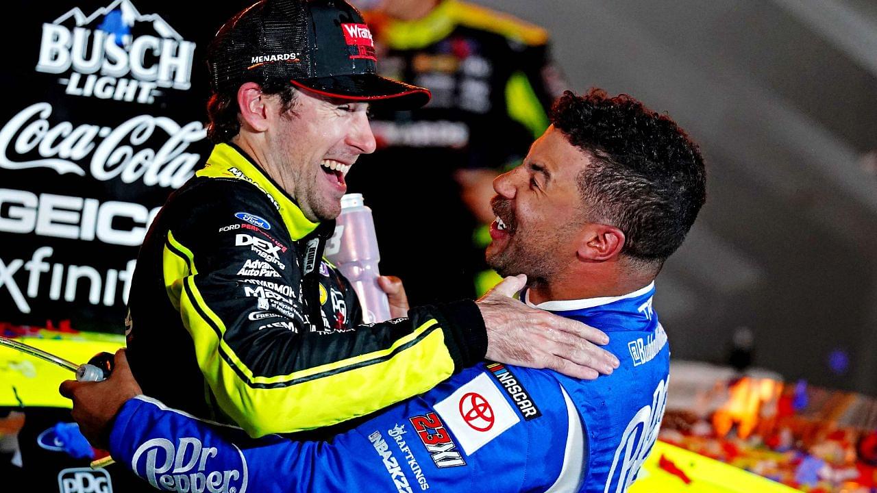 NASCAR Cup Series driver Ryan Blaney (12) celebrates in Victory lane with NASCAR Cup Series driver Bubba Wallace (23) after winning the All-Star Race at Texas Motor Speedway.
