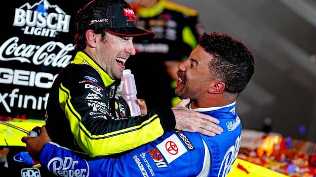 NASCAR Cup Series driver Ryan Blaney (12) celebrates in Victory lane with NASCAR Cup Series driver Bubba Wallace (23) after winning the All-Star Race at Texas Motor Speedway.