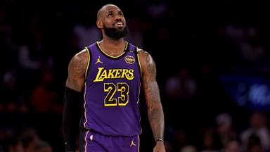 Feb 1, 2025; New York, New York, USA; Los Angeles Lakers forward LeBron James (23) reacts during the second quarter against the New York Knicks at Madison Square Garden.