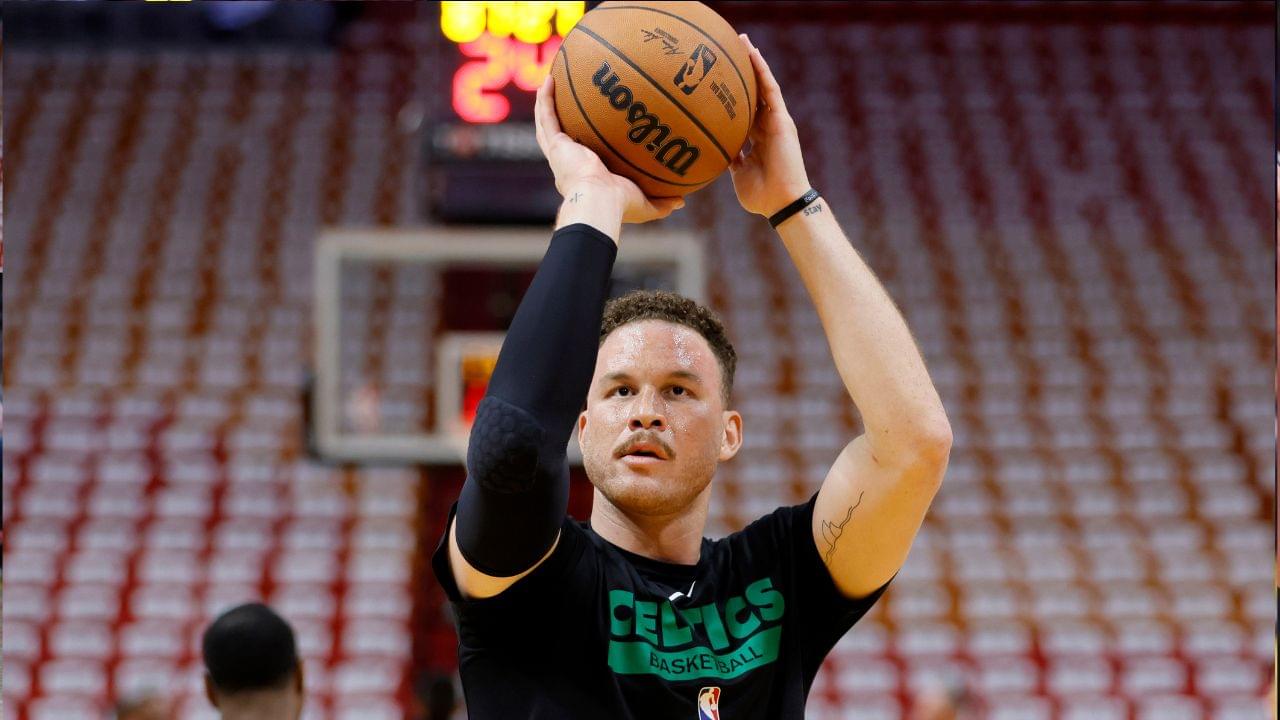 Boston Celtics forward Blake Griffin (91) warms up before game six against the Miami Heat in the Eastern Conference Finals for the 2023 NBA playoffs at Kaseya Center.