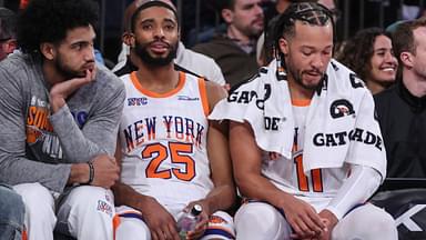 Jan 17, 2025; New York, New York, USA; New York Knicks forwards Jacob Toppin (00), Mikal Bridges (25) and guard Jalen Brunson (11) at Madison Square Garden.