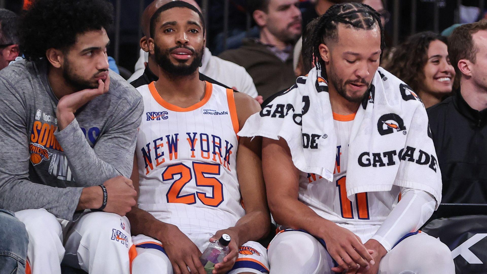 Jan 17, 2025; New York, New York, USA; New York Knicks forwards Jacob Toppin (00), Mikal Bridges (25) and guard Jalen Brunson (11) at Madison Square Garden.