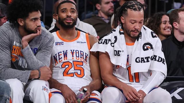 Jan 17, 2025; New York, New York, USA; New York Knicks forwards Jacob Toppin (00), Mikal Bridges (25) and guard Jalen Brunson (11) at Madison Square Garden.
