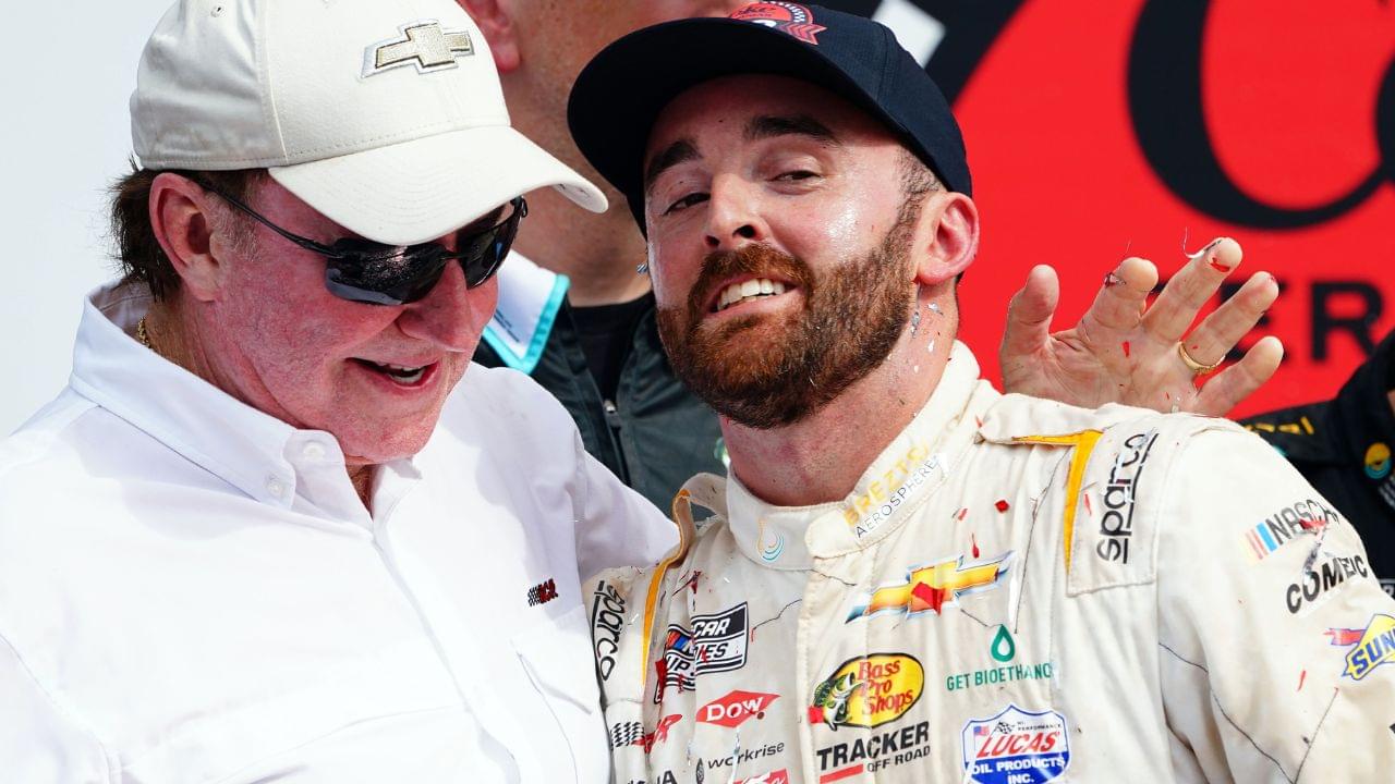 Team owner Richard Childress celebrates with NASCAR Cup Series driver Austin Dillon (3) after winning the Coke Zero Sugar 400 at Daytona International Speedway.