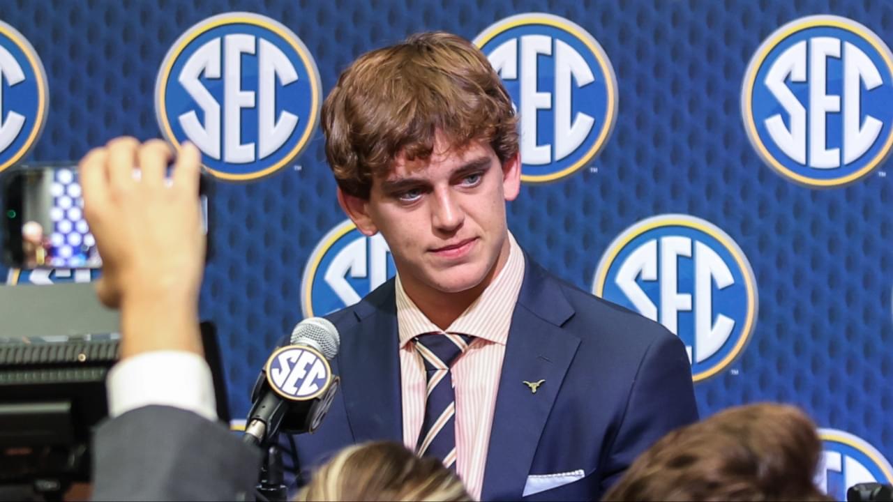 Texas Longhorns quarterback Arch Manning answers questions from the media during SEC Media Days at Omni Atlanta Hotel.