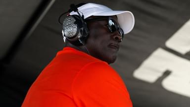 NASCAR Cup Series owner Michael Jordan looks on from atop his team’s pit box during the Go Bowling at The Glen at Watkins Glen International.