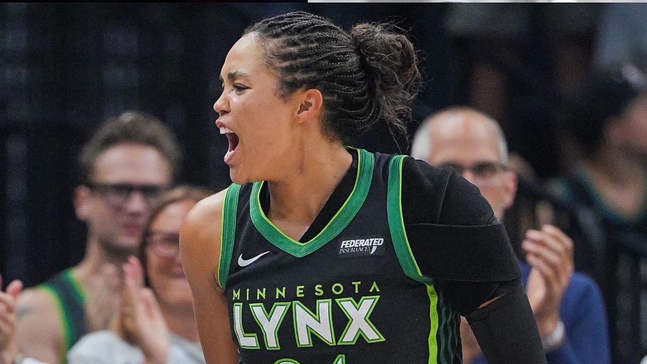 Minnesota Lynx forward Napheesa Collier (24) celebrates a basket against the New York Liberty in the fourth quarter at Target Center.