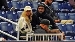 LeBron James and his wife Savannah Brinson watch Bronny James participate in the 2024 NBA Draft Combine at Wintrust Arena