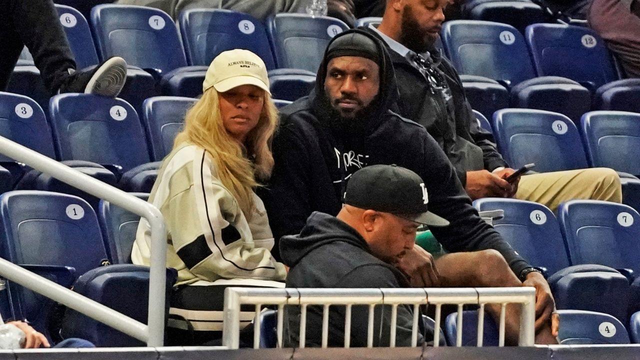 LeBron James and his wife Savannah Brinson watch Bronny James participate in the 2024 NBA Draft Combine at Wintrust Arena