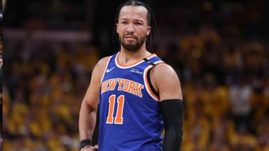 New York Knicks guard Jalen Brunson (11) reacts in the second quarter during game six of the eastern conference finals against the Indiana Pacers for the 2025 NBA Playoffs at Gainbridge Fieldhouse.