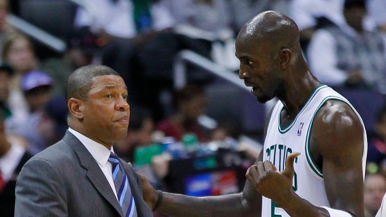 Boston Celtics head coach Doc Rivers (L) talks with Celtics power forward Kevin Garnett (5) on the sidelines against the Washington Wizards in the second half at Verizon Center. The Celtics won 94-86.