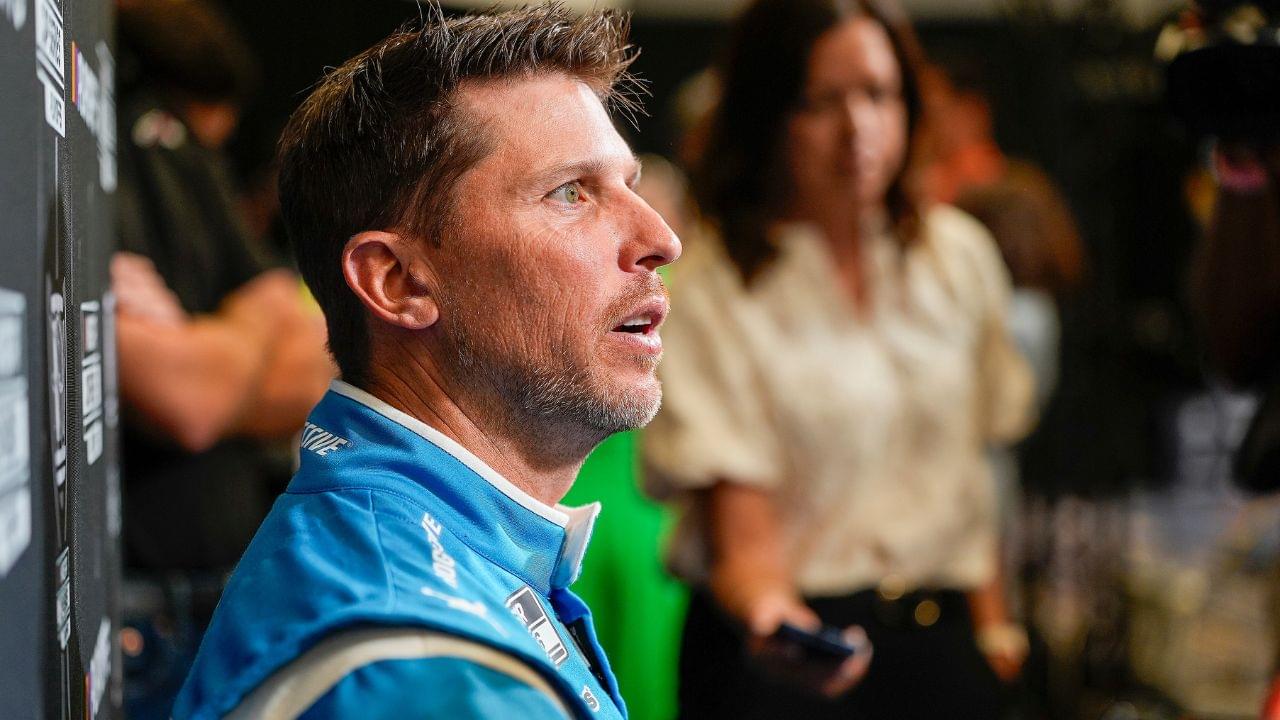 Denny Hamlin answers questions from the media during NASCAR Cup Series Playoff Media Day at Charlotte Convention Center.