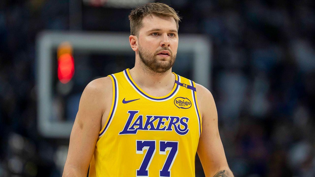 Los Angeles Lakers guard Luka Doncic (77) looks on against the Minnesota Timberwolves in the first half during game three of first round for the 2024 NBA Playoffs at Target Center.