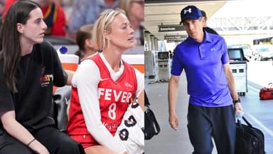 Caitlin Clark and Sophie Cunningham (L), Skip Bayless (R)