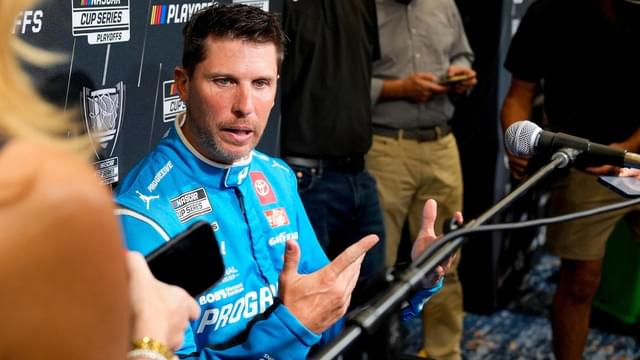 Denny Hamlin answers questions from the media during NASCAR Cup Series Playoff Media Day at Charlotte Convention Center.