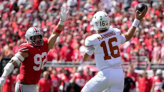 Texas Longhorns quarterback Arch Manning (16) throws the ball against Ohio State Buckeyes defensive end Caden Curry (92) in the first quarter of their game at Ohio Stadium in Columbus, Ohio on Aug 30, 2025.