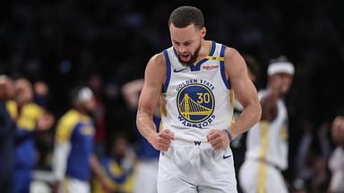 Golden State Warriors guard Stephen Curry (30) celebrates in the third quarter against the Brooklyn Nets at Barclays Center